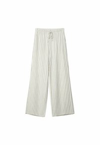 Pantalon léger à jambes larges en beige pâle avec de fines rayures grises verticales, doté d'une taille élastique et d'un cordon de serrage pour un ajustement optimal.