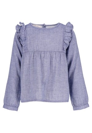 Lichtpaarse blouse met lange mouwen, gerimpelde schouders en geplooide stof onder de borst, ontworpen voor een kind.