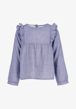 Jasnofioletowa bluzka z długim rękawem, z falbankami na ramionach i marszczonym materiałem poniżej klatki piersiowej, zaprojektowana dla dziecka.