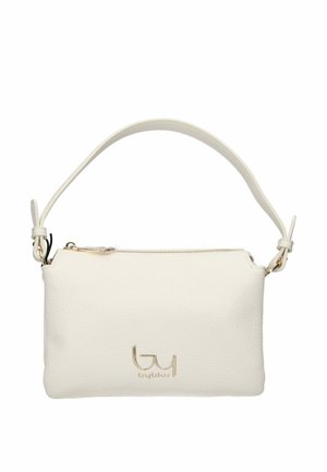 Borsa rettangolare bianca in pelle con manico corto, cerniera dorata e piccolo logo dorato sul davanti.