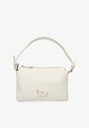Borsa rettangolare bianca in pelle con manico corto, cerniera dorata e piccolo logo dorato sul davanti.