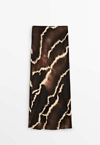 Brown and black fabric with a fluid abstract pattern, featuring cream-colored accents, drapes vertically, suggesting a lightweight texture.