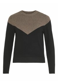 Maglione nero con design a forma di V e dettagli marroni sulle spalle. Tessuto morbido, maniche lunghe e scollatura rotonda.