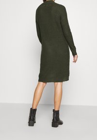 Abito di maglia verde scuro, con maniche lunghe e taglio dritto. Tagliato sotto il ginocchio, con tessuto a trama e spacco laterale.
