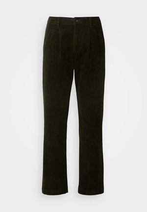 Dark green corduroy trousers with a straight leg, featuring front pleats, a button closure, and a soft textured finish.