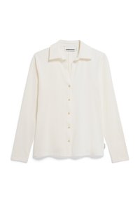 Witte blouse met lange mouwen, een kraag, knoopsluiting aan de voorkant, zachte textuur en een rechte zoom. Heeft minimale branding aan de zijkant.