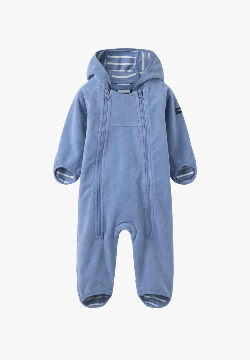 Hemelsblauwe fleece jumpsuit met een capuchon, voorzien van een gestreepte binnenvoering, twee frontzipper en elastische manchetten bij de polsen en enkels.
