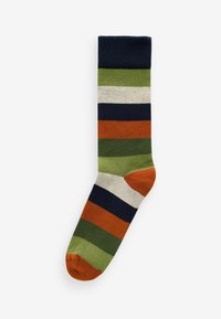 Calcetín a rayas con franjas en azul oscuro, verde, verde claro, naranja y gris claro. Punta reforzada en naranja, textura en mezcla de algodón.