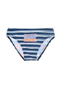 Marineblaue gestreifte Schwimm-Briefs mit einem roten und gelben "PAW PATROL"-Grafik auf der Vorderseite. Hergestellt aus dehnbarem Material mit einer glatten Textur.