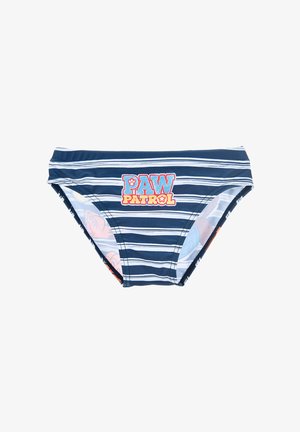 Slip da bagno a righe blu navy con grafica "PAW PATROL" rossa e gialla nella parte anteriore. Realizzato in materiale elastico con una texture liscia.