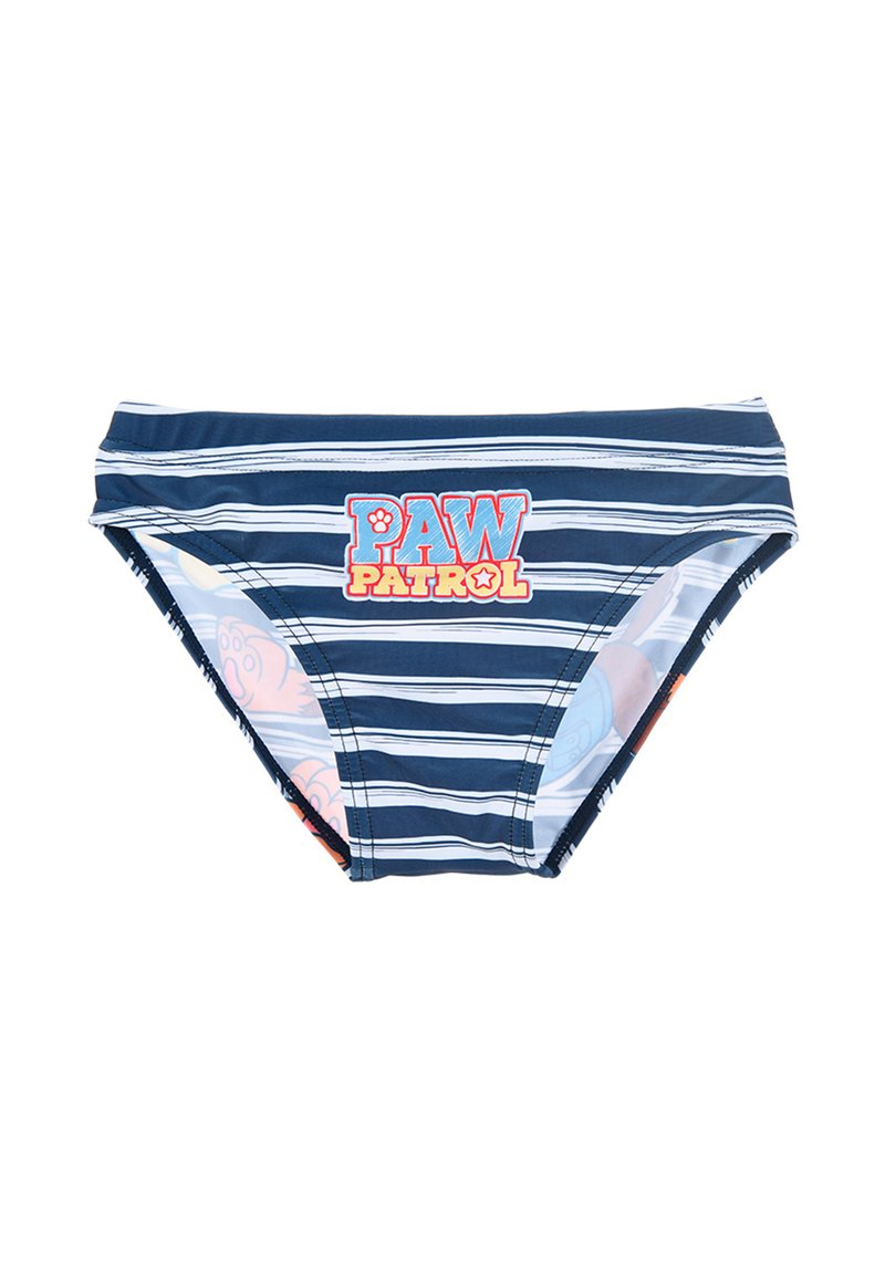 Marineblaue gestreifte Schwimm-Briefs mit einem roten und gelben "PAW PATROL"-Grafik auf der Vorderseite. Hergestellt aus dehnbarem Material mit einer glatten Textur.