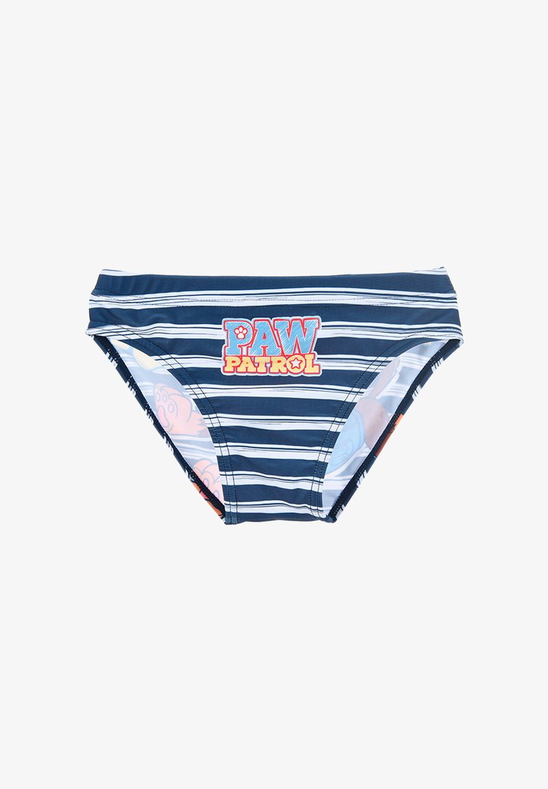 Granatowe kąpielówki w paski z czerwono-żółtym nadrukiem "PAW PATROL" z przodu. Wykonane z elastycznego materiału o gładkiej fakturze.
