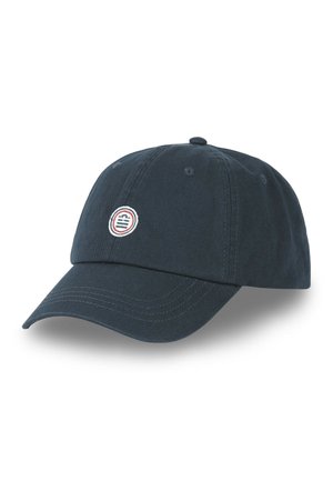 Casquette de baseball en coton bleu marine avec une visière incurvée, des coutures décoratives et un logo brodé circulaire en rouge, blanc et bleu à l'avant.