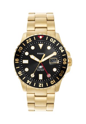 Goldfarbene Fossil-Armbanduhr mit schwarzem Zifferblatt, leuchtenden Zeigern und Markierungen, Datumsfenster bei 3 Uhr und 24-Stunden drehbarer Lünette.