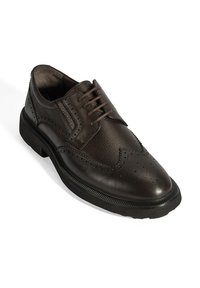 Braune Lederschuhe mit strukturierter Oberfläche, mit Flügelspitze, durchbrochener Dekoration und einer schwarzen Gummisohle. Verfügt über Schnürsenkel für einen sicheren Sitz.