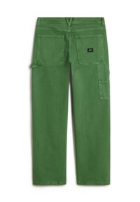 Green cargo pants featuring a straight-leg cut, multiple pockets, and a soft cotton fabric with a smooth texture. Back view shown.