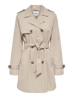 Beżowy dwurzędowy płaszcz trencz z szerokim kołnierzem, paskiem w talii, zapinanymi na guziki mankietami oraz pagonami na ramionach.