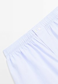 Boxer di cotone blu chiaro con elastico in vita, dotati di due bottoni bianchi sul davanti e sottili strisce verticali.