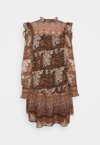 Robe bohème à manches longues avec motifs floraux et cachemire mélangés en marron, beige et orange, dotée d'un col et de poignets à volants.