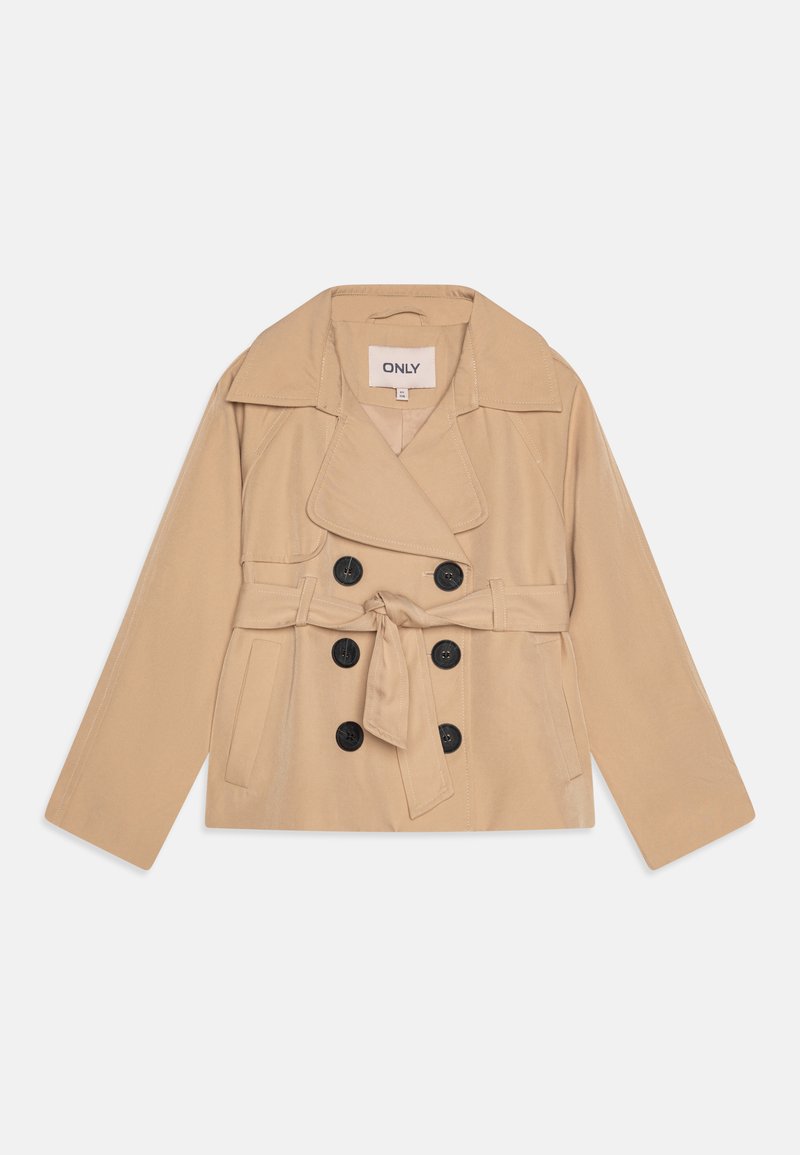 Manteau trench beige à double boutonnage avec ceinture, en tissu lisse, doté de boutons noirs et d'un grand col.