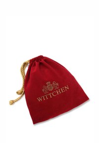 Saco de terciopelo rojo con cordón, con el logo dorado en relieve "WITTCHEN" y diseño de corona; presenta un acabado texturizado y un cierre de cuerda resistente.