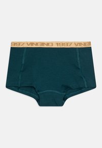 Sötét teal színű boxer alsónemű, bézs színű, emboszált "1997 VINGINO" felirattal ellátott rugalmas derékkal, sima textúrával és varrott részletekkel.