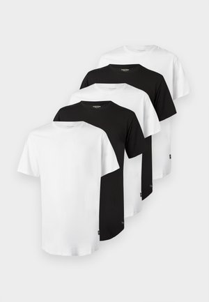 Ensemble de cinq T-shirts : trois blancs et deux noirs. Design classique à col rond, manches courtes, en coton, texture lisse, coupe standard.