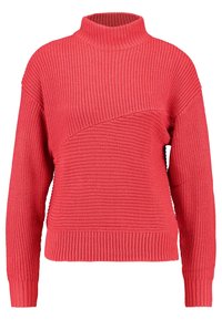 Pull en maille corail à col montant, présentant des rayures texturées et une coupe décontractée. Les poignets et l'ourlet côtelés ajoutent des détails au design.