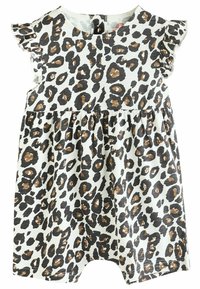 Leopardprint-Overall in Weiß, mit kurzen Rüschenärmeln, gerafftem Bund und Druckknopfverschlüssen am unteren Ende. Hergestellt aus weichem, atmungsaktivem Stoff.