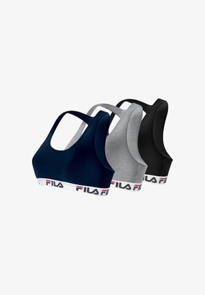 Trois brassières de sport à dos nageur en bleu marine, gris et noir avec des bandes élastiques blanches arborant le logo FILA, disposées côte à côte.