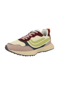 Scarpa sportiva con tomaia in rete color crema, verde oliva e bordeaux, con sovrapposizione in suede rosa e suola in gomma nera.