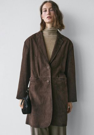LONG SUEDE FINISH - Leather jacket - dark brown