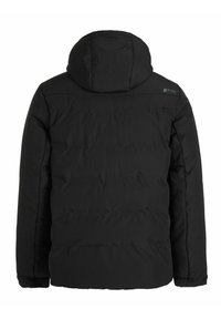 Schwarze Kapuzen-Steppjacke mit einem gesteppten Muster, ausgestattet mit einem Logo im oberen Rückenbereich. Das Design umfasst einen geraden Saum und lange Ärmel.