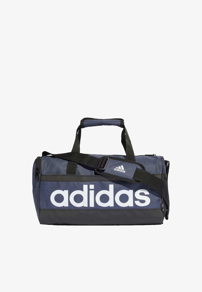 Borsone blu e nero con logo "adidas" bianco, tessuto resistente, doppie maniglie, tracolla regolabile, chiusura con zip.
