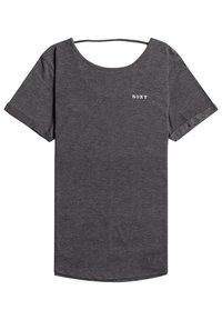 Gray short-sleeve t-shirt with a round neck. Features a small white logo "ROXY" on the front left side. Soft fabric with a smooth texture.
