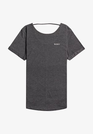 T-shirt grigia a maniche corte con colletto rotondo. Presenta un piccolo logo bianco "ROXY" sul lato sinistro anteriore. Tessuto morbido con una texture liscia.