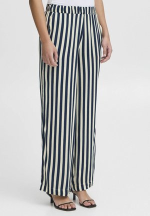 Wide-leg pants with navy and cream vertical stripes, featuring an elastic waistband and smooth fabric, paired with black heeled sandals.