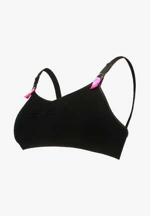 Soutien-gorge noir en tissu doux avec un design sans coutures. Il présente des bretelles réglables avec des accents roses et un détail central froncé.