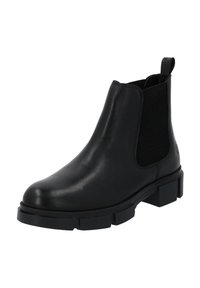 Stivaletto Chelsea in pelle nera con pannelli elastici laterali, punta tonda, dettagli in pelle nera texturizzati e una suola in gomma spessa.