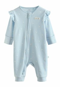 Barboteuse bébé bleu clair avec motif floral blanc, fermeture éclair frontale, détails volantés aux épaules et manches longues avec poignets.