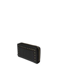 Black leather wallet with gold studs along the front. Features a zip closure and a flat design. Textured surface, rectangular shape.