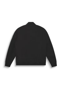 Giacca bomber nera con colletto, maniche lunghe, polsini e orlo elastici; tessuto leggero, design minimalista, nessun motivo visibile.