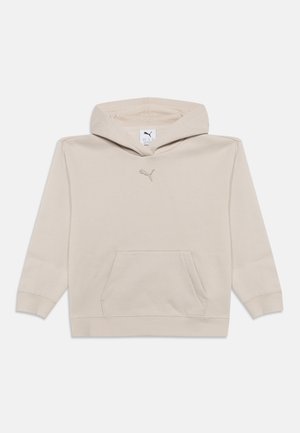 Beige Puma hættetrøje med front-kængurulomme, lange ærmer og et lille Puma-logo centreret under hætten.
