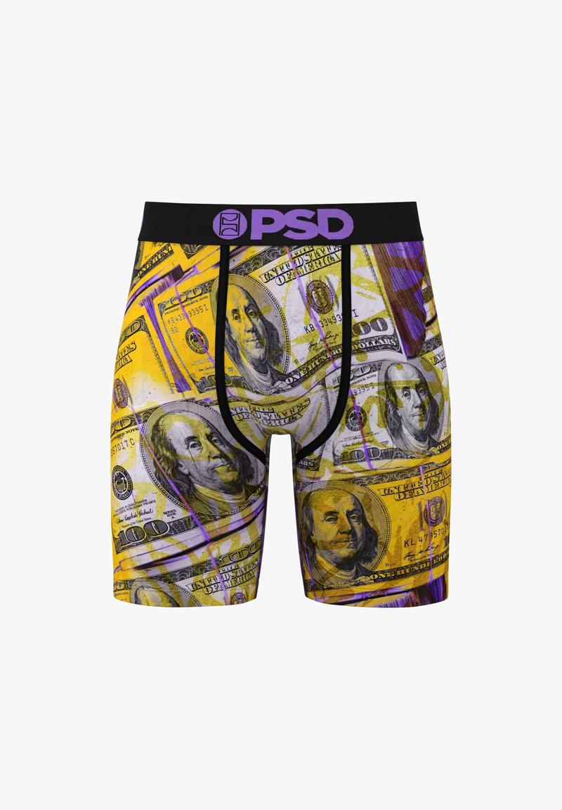 Moške bokserice z vzorcem dolarjev v rumeni in vijolični barvi, z črnim elastičnim pasom, na katerem je viden logotip blagovne znamke "PSD".