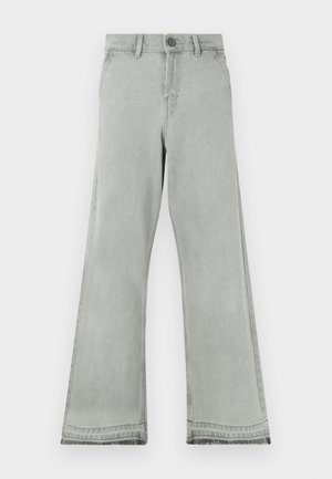 Light gray flared jeans made of denim, featuring a button closure, a straight waistband, and a slightly worn texture at the hems.