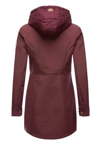 Maroon jacket with a quilted hood, fitted design, long sleeves, buttoned cuffs, and a logo patch on the upper arm. Smooth fabric texture.