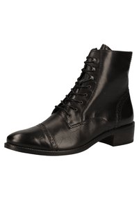 Stivale alla caviglia in pelle nera con punta rinforzata, cuciture elaborate, chiusura con lacci e tacco basso impilato. Texture liscia con accenti sottili.