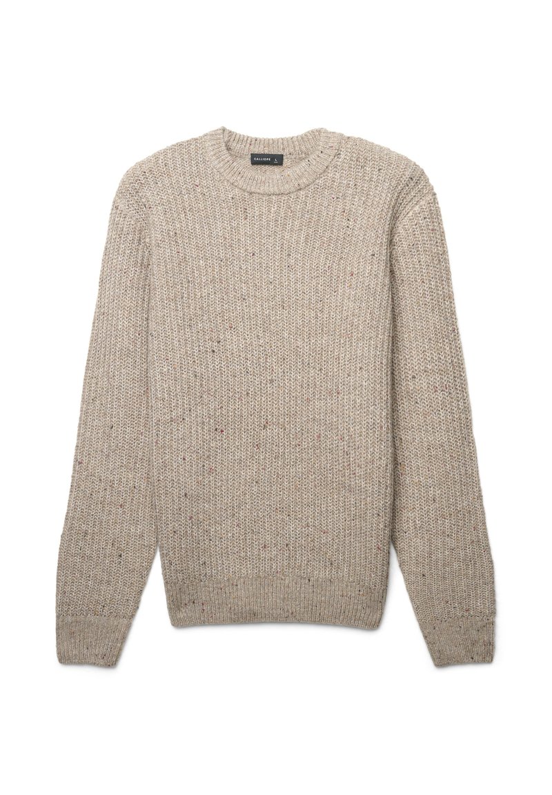 Beiger Strickpullover mit Rundhalsausschnitt, ausgestattet mit einem strukturierten Stoff und farblichen Sprenkeln. Gerippte Bündchen und Saum.