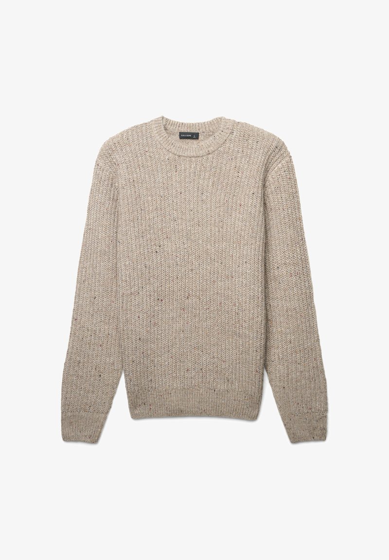 Maglione beige lavorato a maglia con collo rotondo, caratterizzato da un tessuto testurizzato e da sfumature di colore sparse. Polsini e orlo a coste.