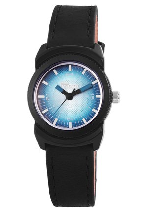 Black leather strap watch with a round case, blue gradient textured dial, silver accents, white hour markers, and quartz movement.